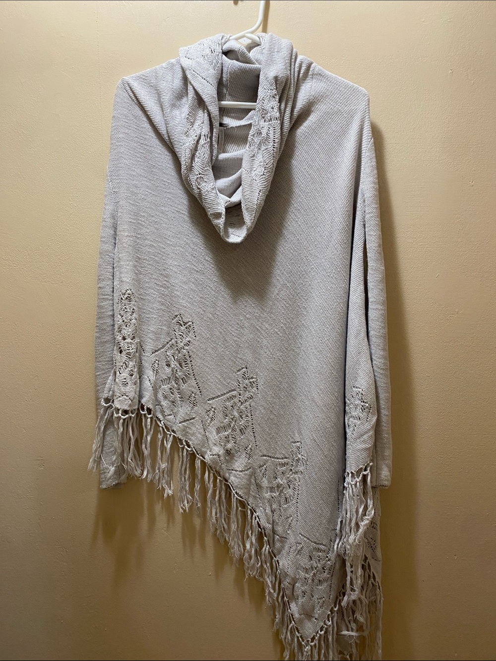 Free People Cream Hooded Fringe Long Sleeve Top w/ Lace Knit Sml Oversized Fall